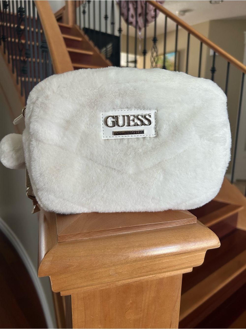 GUESS White Faux-Fur Crossbody Bag with Gold Accents